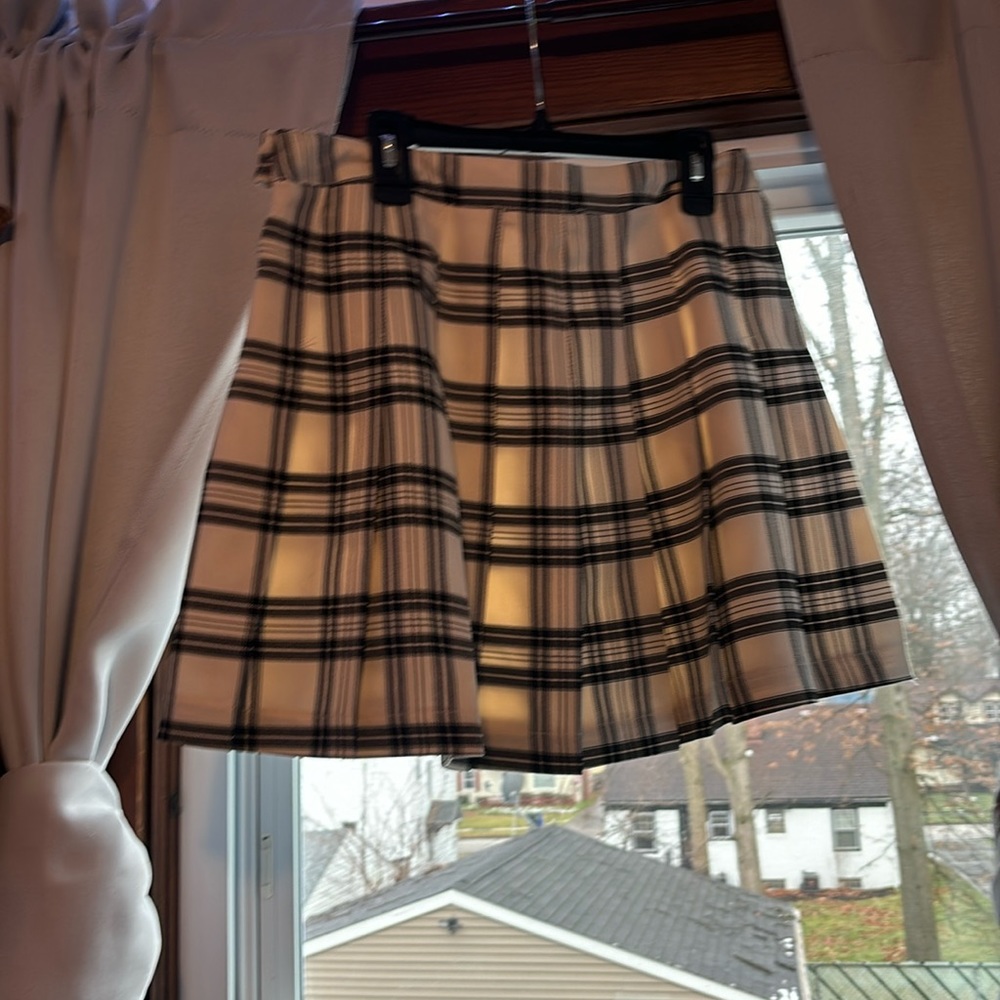 cream and black plaid skirt